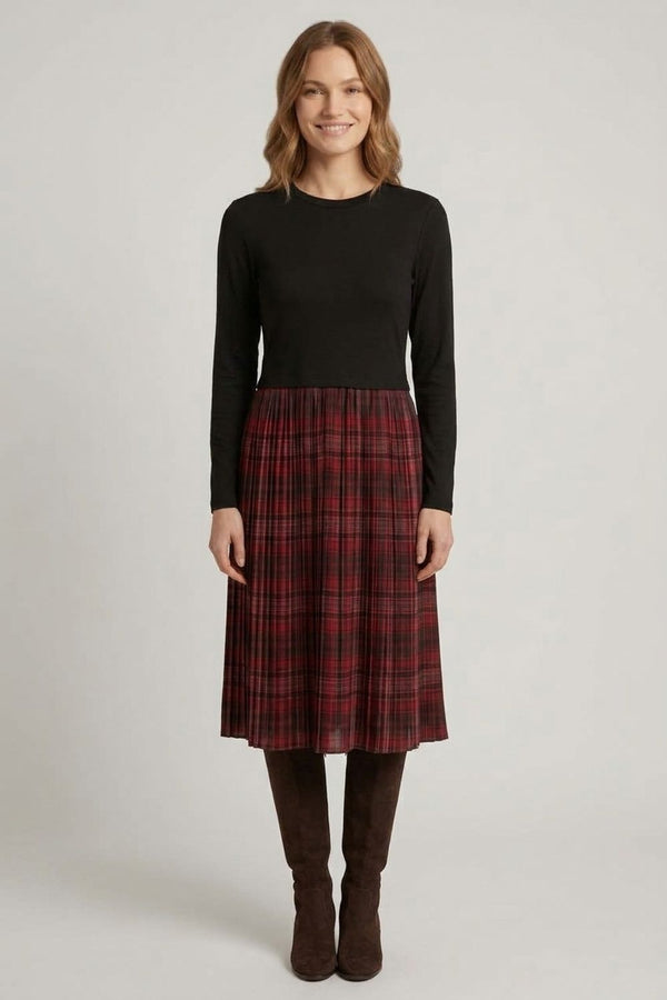 Contrast Tartan Print Pleated Midi Dress| MULTI BLACK