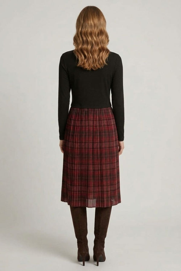 Contrast Tartan Print Pleated Midi Dress| MULTI BLACK