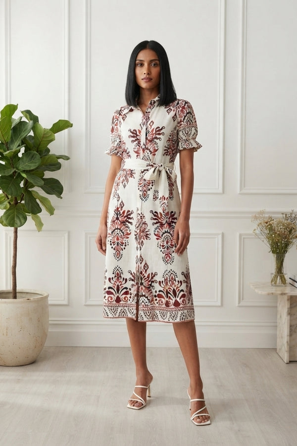 Aztec Print Short Sleeve Midi Dress| MULTI RED