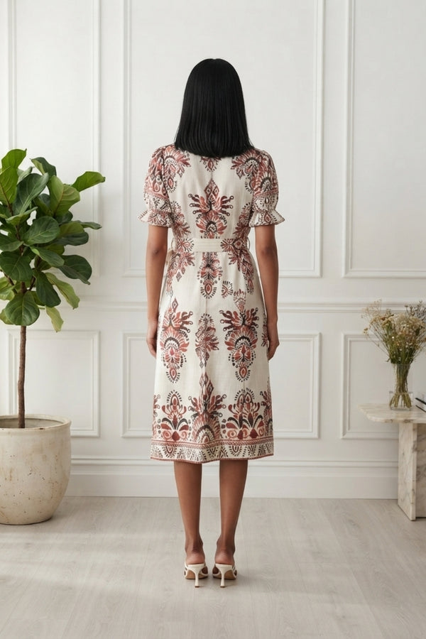 Aztec Print Short Sleeve Midi Dress| MULTI RED