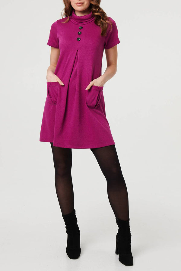 MAGENTA | Roll Neck Button Front Short Shift Dress