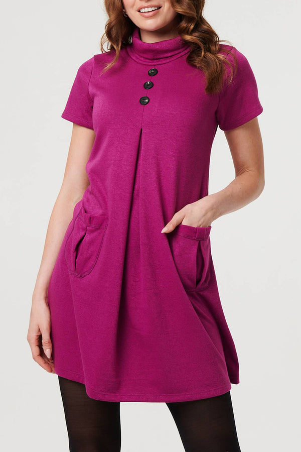 MAGENTA | Roll Neck Button Front Short Shift Dress