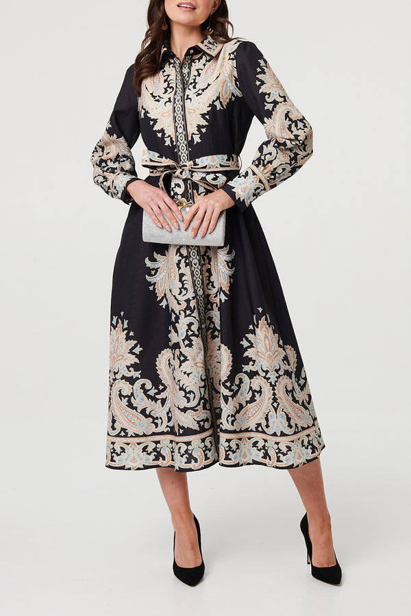 MULTIBLACK /Printed Long Sleeve Midi Shirt Dress