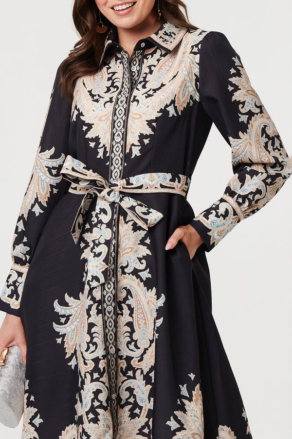 MULTIBLACK /Printed Long Sleeve Midi Shirt Dress