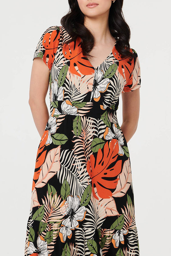 Leaf Print Short Sleeve Maxi Dress| MULTI BLACK