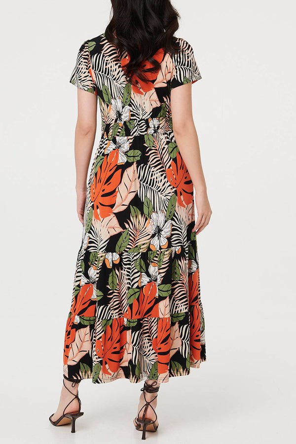 Leaf Print Short Sleeve Maxi Dress| MULTI BLACK