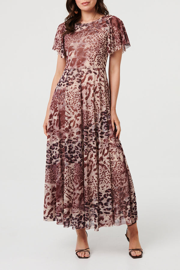 MULTI BROWN / Animal Print Semi Sheer Layer Maxi Dress