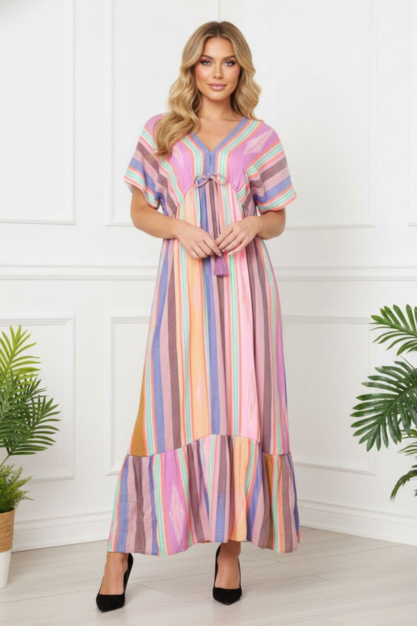 Striped Tie Front Empire Maxi Dress| MULTI PINK