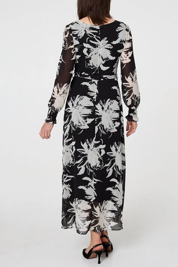MULTI BLACK | Floral Semi Sheer Tie Waist Maxi Dress