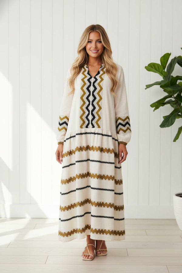 Zigzag Print Oversized Maxi Dress| MULTI BROWN