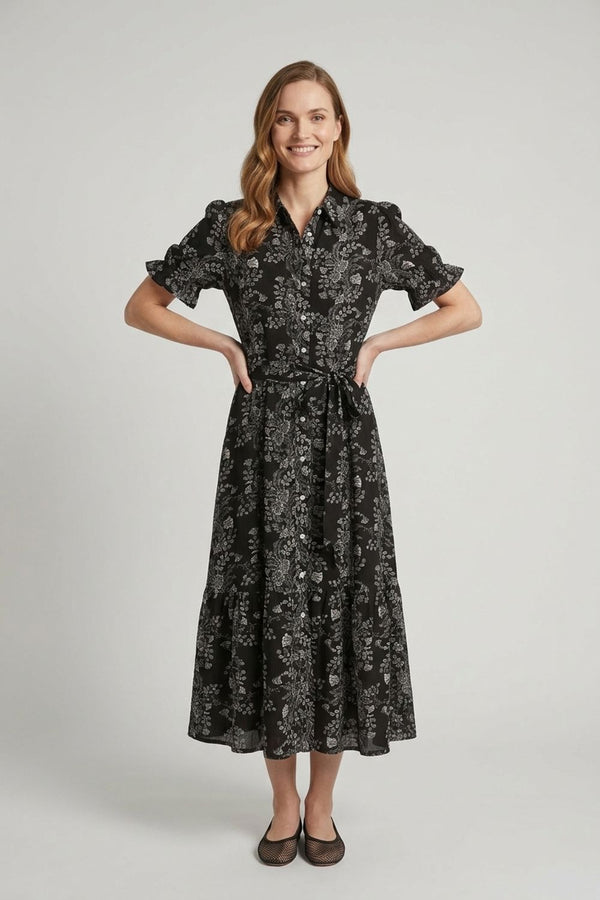 Floral Puff Sleeve Midi Shirt Dress| BLACK