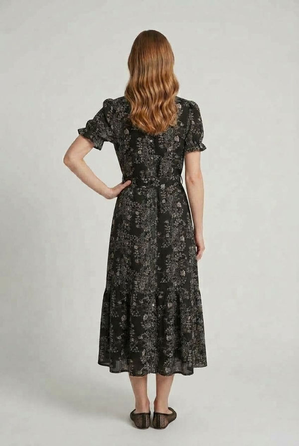 Floral Puff Sleeve Midi Shirt Dress| BLACK