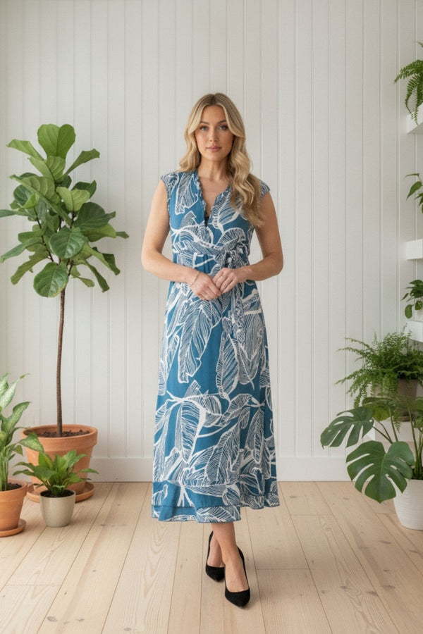 Leaf Print Cap Sleeve Tie Maxi Dress BLUE
