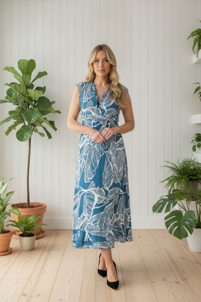 Leaf Print Cap Sleeve Tie Maxi Dress BLUE