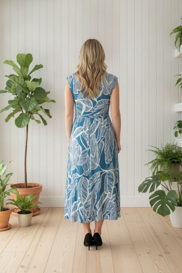 Leaf Print Cap Sleeve Tie Maxi Dress BLUE