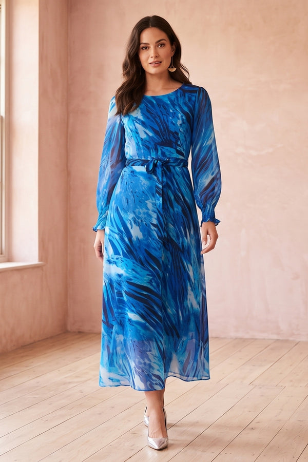 BLUE / Abstract Semi Sheer Tie Waist Maxi Dress