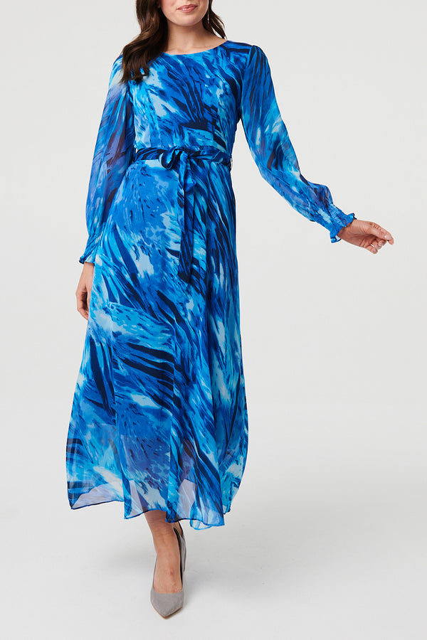 BLUE / Abstract Semi Sheer Tie Waist Maxi Dress