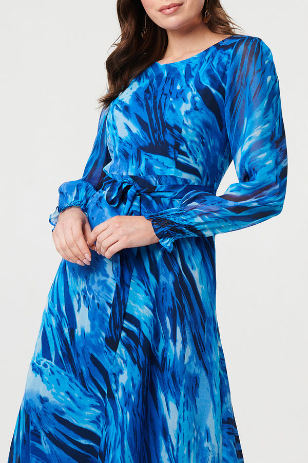 BLUE / Abstract Semi Sheer Tie Waist Maxi Dress