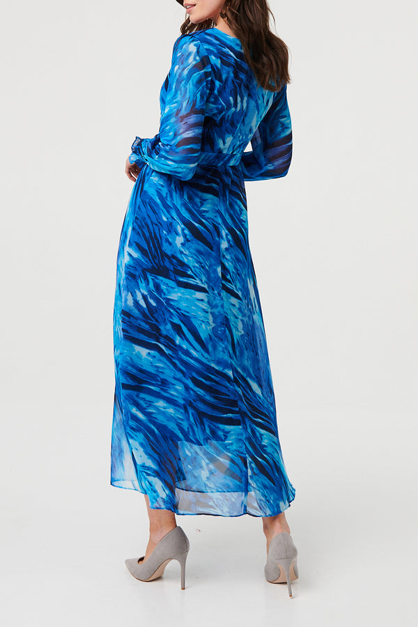 BLUE / Abstract Semi Sheer Tie Waist Maxi Dress