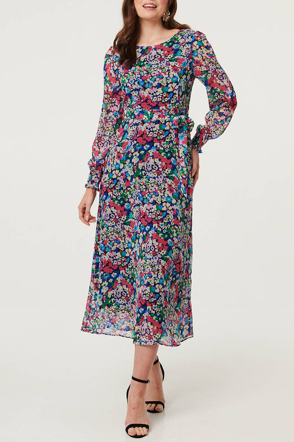 Floral Layered Long Sleeve Maxi Dress| BLUE