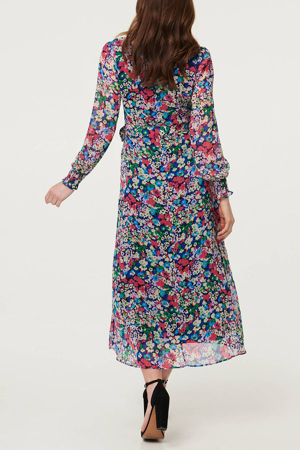 Floral Layered Long Sleeve Maxi Dress| BLUE