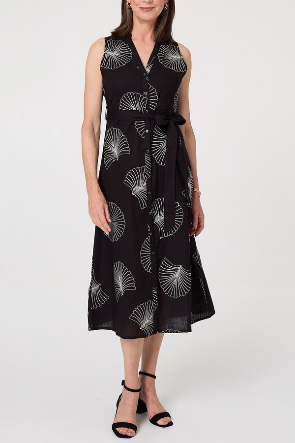 Printed Tie Waist Sleeveless Midi Dress|BLACK