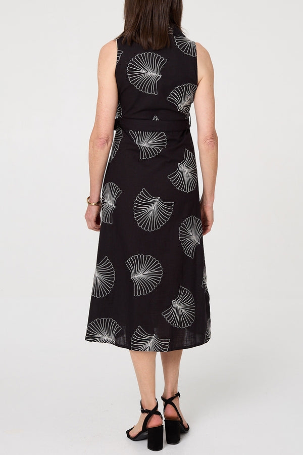 Printed Tie Waist Sleeveless Midi Dress|BLACK