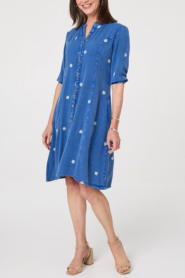 Floral Embroidered Knee Length Dress| Denim