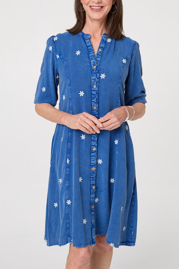 Floral Embroidered Knee Length Dress| Denim