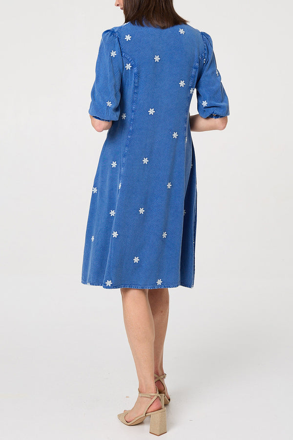 Floral Embroidered Knee Length Dress| Denim