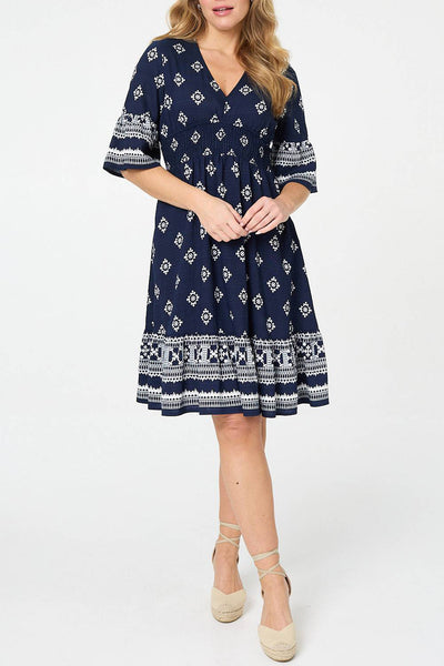 Printed 1/2 Sleeve Knee Length Dress| NAVY