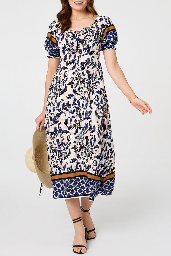 Floral Tie Front Puff Sleeve Midi Dress| NAVY