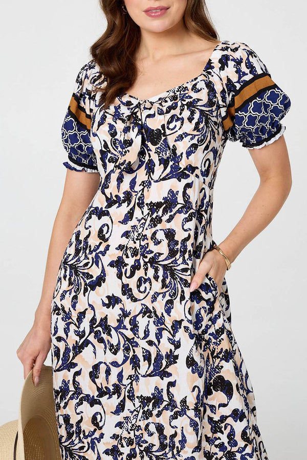 Floral Tie Front Puff Sleeve Midi Dress| NAVY