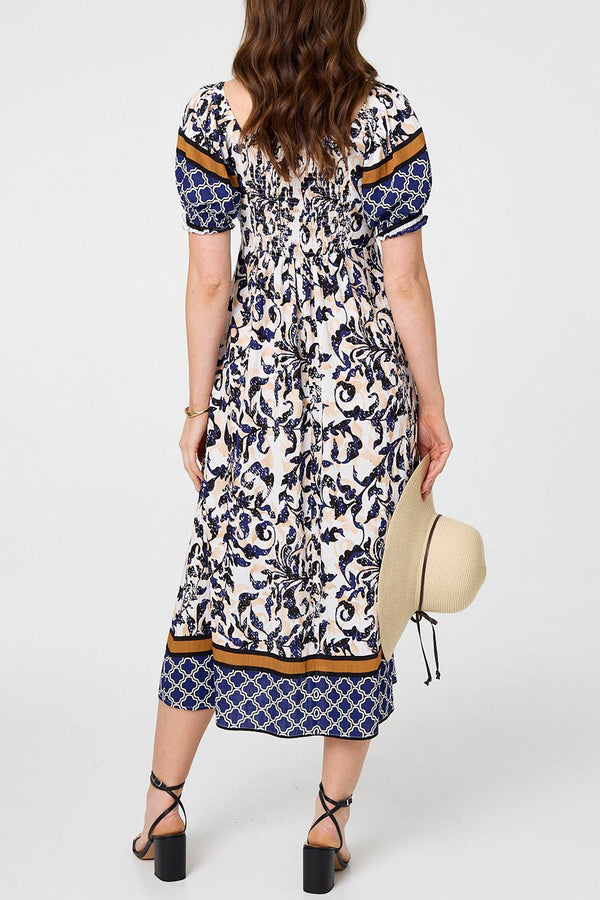 Floral Tie Front Puff Sleeve Midi Dress| NAVY