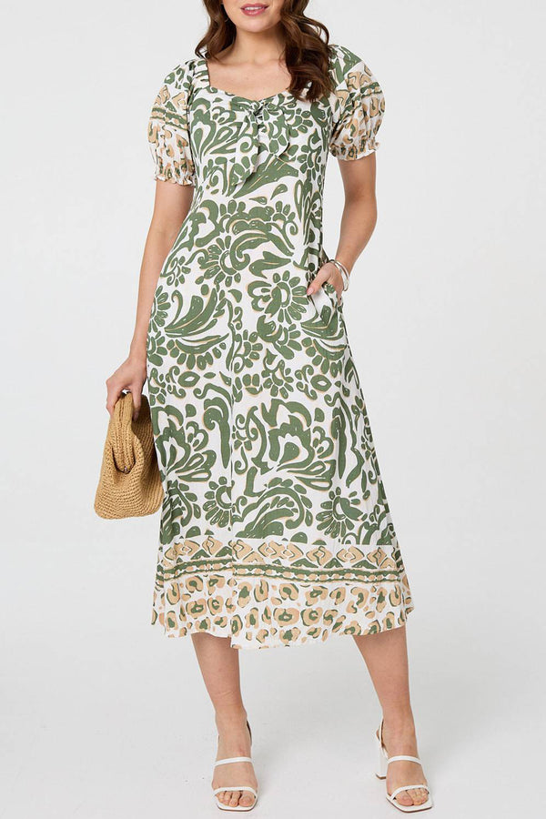 Printed Bow Front Puff Sleeve Midi Dress| KHAKI