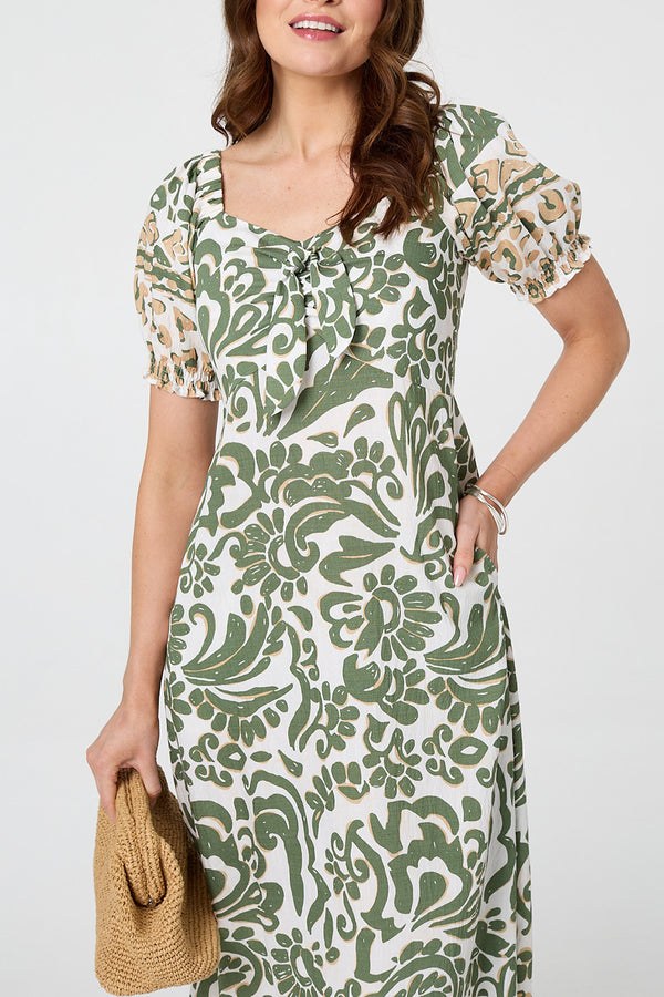 Printed Bow Front Puff Sleeve Midi Dress| KHAKI