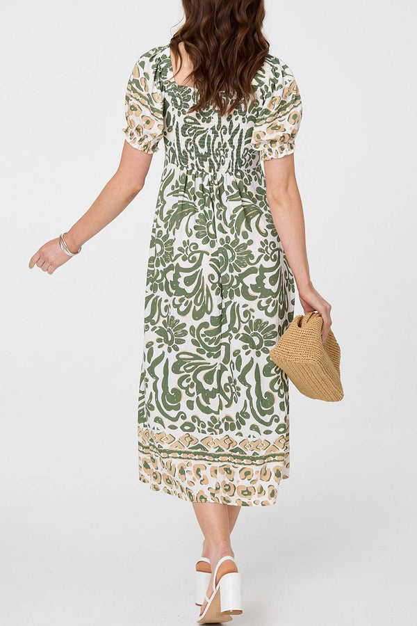 Printed Bow Front Puff Sleeve Midi Dress| KHAKI
