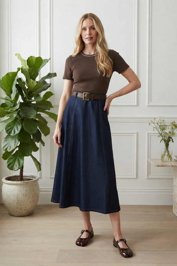 Contrast Texture Belted Midi Dress| CHOCOLATE