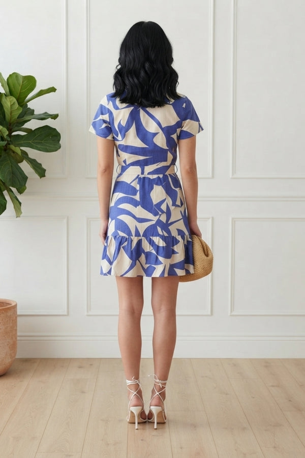 Abstract Short Sleeve Tie Short Dress| BLUE