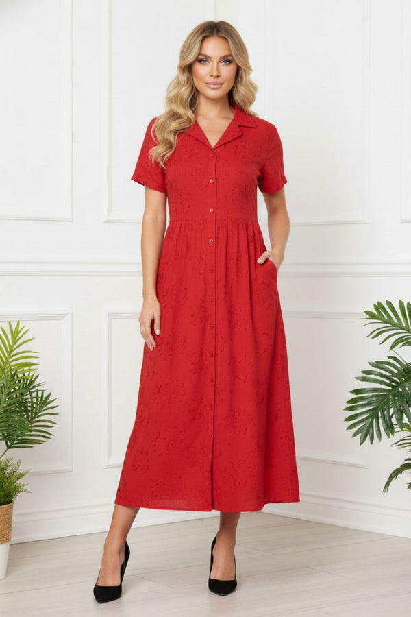 Short Sleeve A-Line Midi Shirt Dress| RED