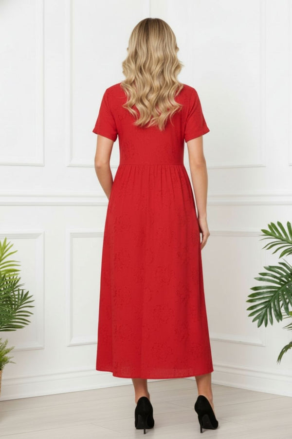 Short Sleeve A-Line Midi Shirt Dress| RED