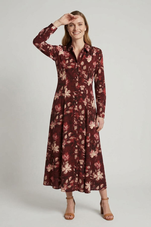 Floral Long Sleeve Shirt Midi Dress| MULTI RED