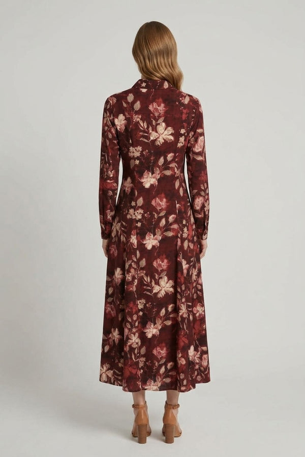 Floral Long Sleeve Shirt Midi Dress| MULTI RED