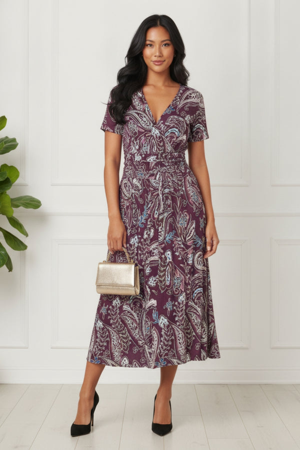 Paisley 1/2 Ruched V-Neck Midi Dress| MULTIPURPLE