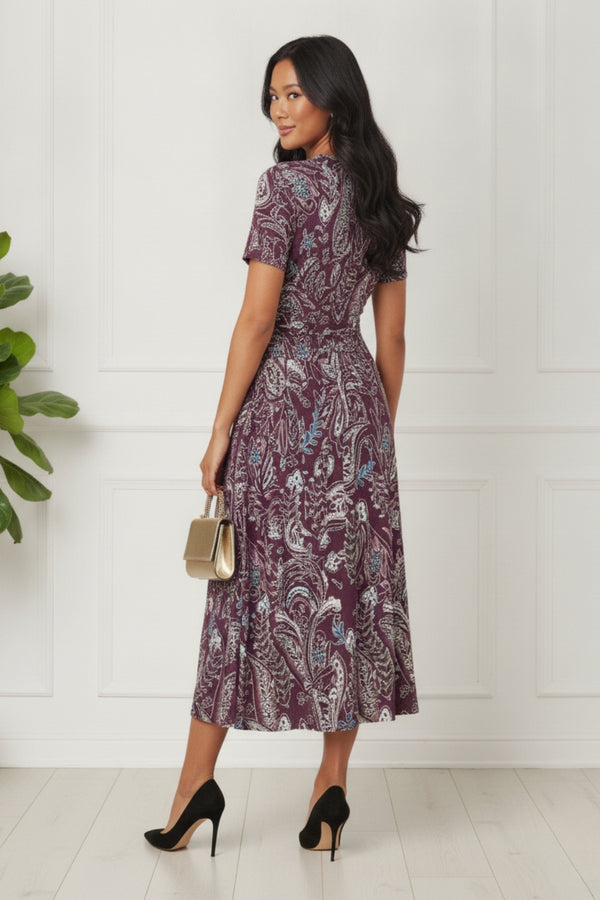 Paisley 1/2 Ruched V-Neck Midi Dress| MULTIPURPLE