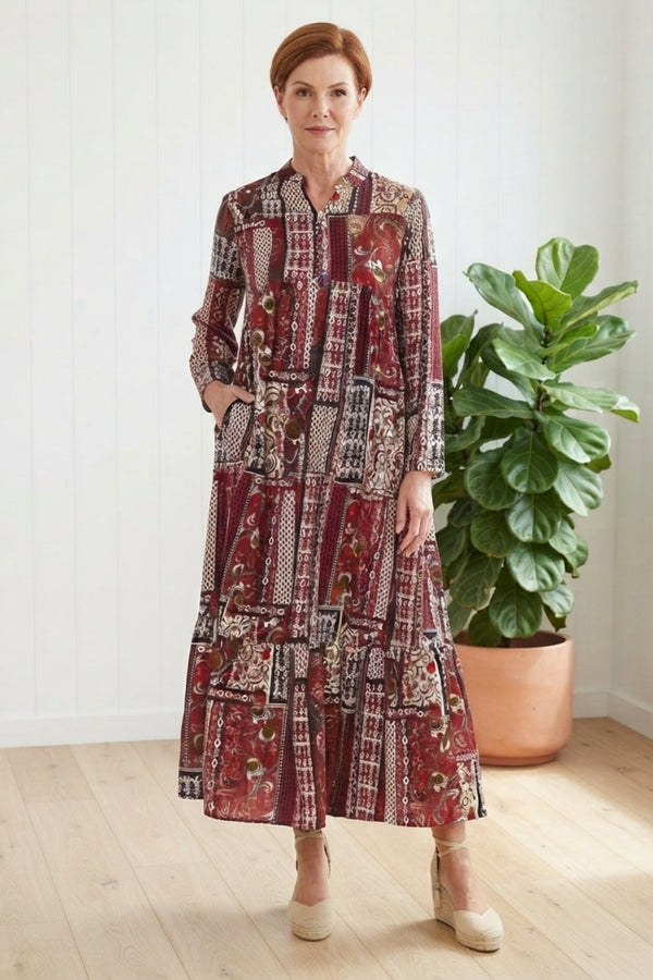 Patchwork Print Relaxed Maxi Dress| MULTI RED
