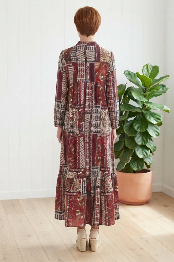 Patchwork Print Relaxed Maxi Dress| MULTI RED