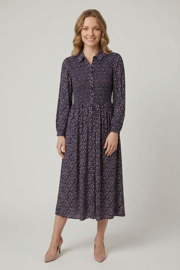 Ditsy Floral Print Midi Shirt Dress| NAVY