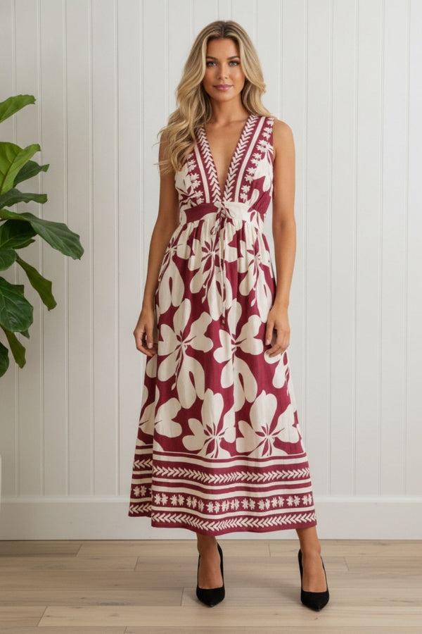 Floral Sleeveless Empire Maxi Dress | RED
