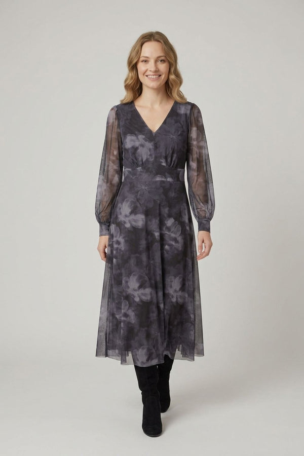 Printed Semi Sheer Floaty Midi Dress| MULTI GREY